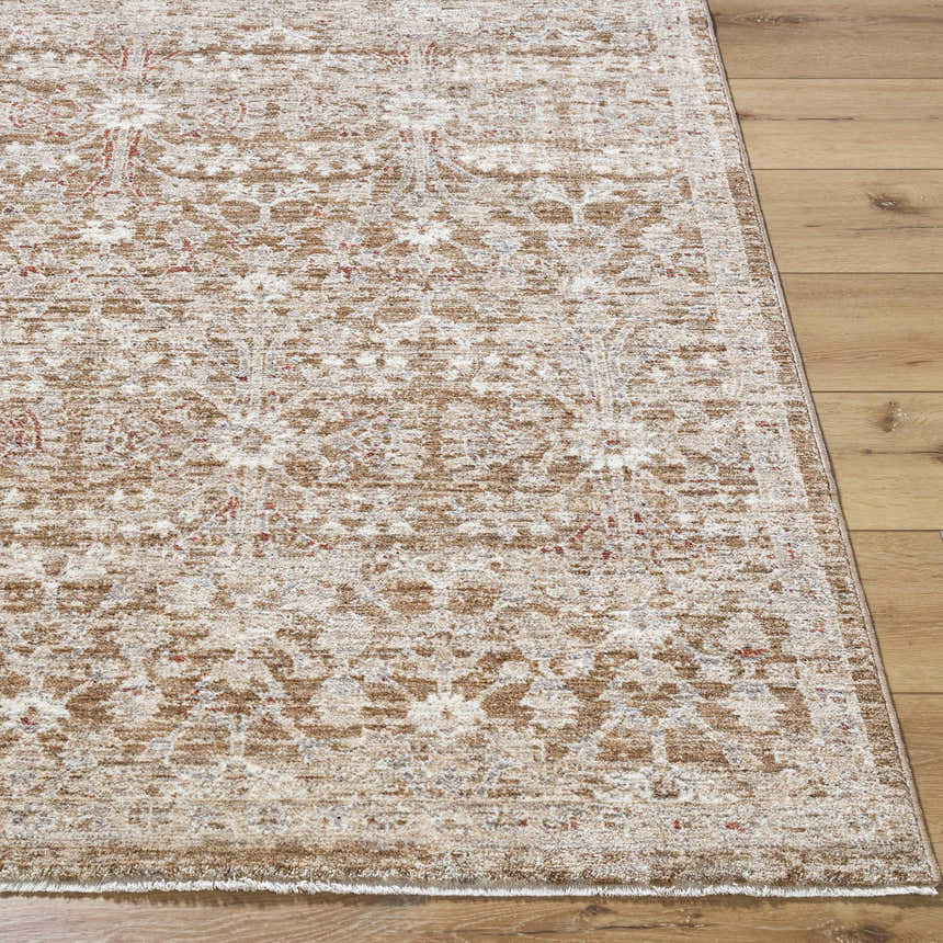 Close-up of Ammiel Tan Area Rug showing traditional pattern, cream, tan, burnt orange, and dark red colors. Front
