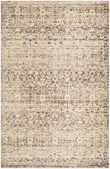 Close-up of the Ammiel Cream Area Rug. Traditional, farmhouse style with cream, tan, navy, and gray floral pattern. Design-Rectangle-7710