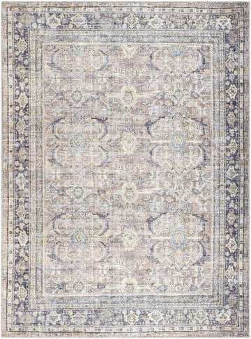 Detailed view of the Zahar Washable Area Rug. Light silver, silver gray, and warm gray traditional farmhouse design. Design-Rectangle-537