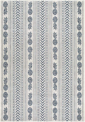 Close-up of Zaida Cream Area Rug. Features blue pineapple, chevron, and dot pattern on a cream background. Design-Rectangle-5377