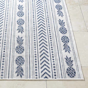Close-up of Zaida Cream Area Rug with blue pineapple, chevron, and dotted stripe pattern on a neutral tile floor. Front