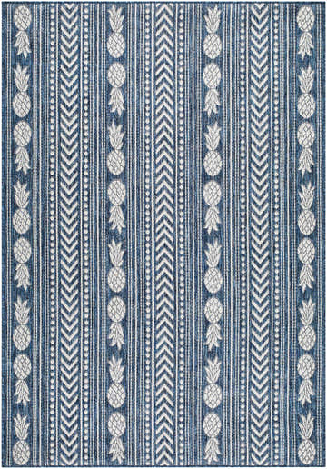 Close-up of the Zaida Blue Area Rug. Features a blue and cream pineapple and chevron pattern. Design-Rectangle-5377