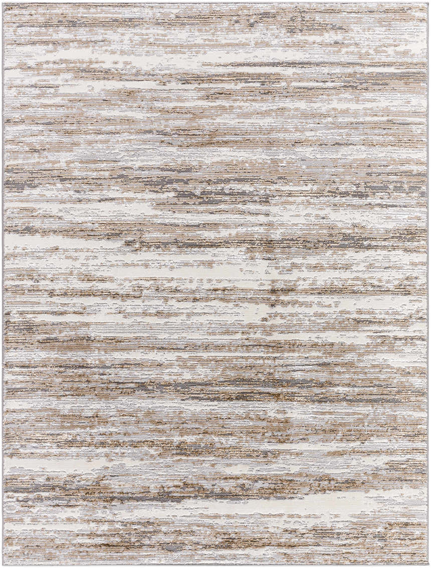 Close-up of the Aminia Area Rug, a contemporary rug with charcoal, gray, and light brown horizontal striations. Design-Rectangle-527