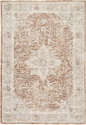 Close-up of the Zufan Ivory Area Rug. Features a traditional, distressed floral pattern in chestnut, ivory, and sandstone. Design-Rectangle-6796
