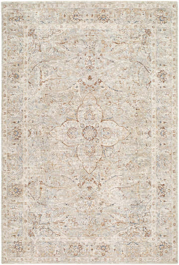 Close-up of the Zufan Beige Area Rug featuring a traditional floral medallion pattern in charcoal, ivory, and taupe. Design-Rectangle-6796
