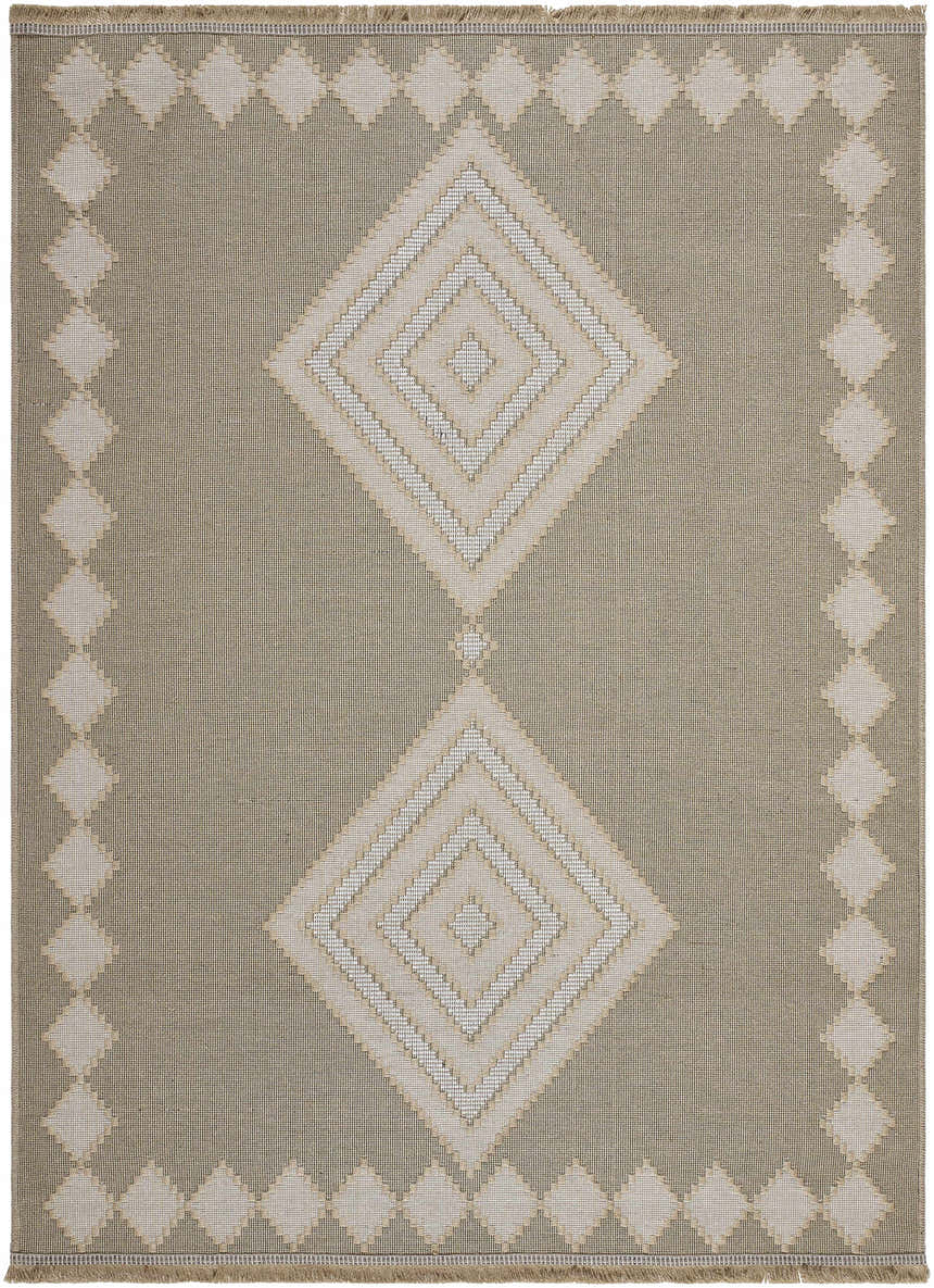 Close-up of the beige and cream Ziggy Washable Jute Rug, featuring a geometric diamond pattern and jute texture. Design-Rectangle-527