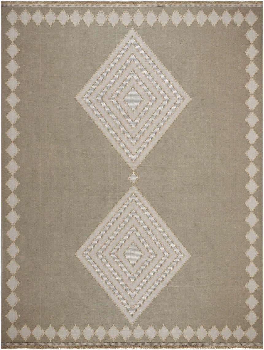 Close-up of the Ziggy Washable Jute Rug. Beige rug with cream diamond pattern and border. Farmhouse style. Design-Rectangle-71010