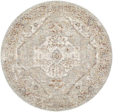 Round Armoni Area Rug in beige, cream, mustard, and slate blue with a traditional, farmhouse-style floral medallion pattern. Design-Round-53