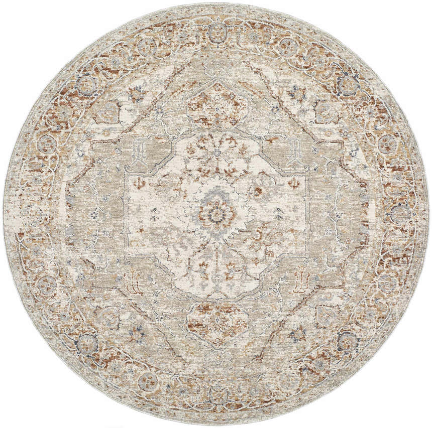 Round Armoni Area Rug in beige, cream, mustard, and slate blue with a traditional, farmhouse-style floral medallion pattern. Design-Round-53