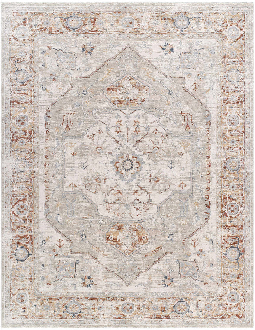 Close-up of the Armoni Area Rug, showcasing its traditional beige, cream, and blue floral medallion pattern. Design-Rectangle-710102