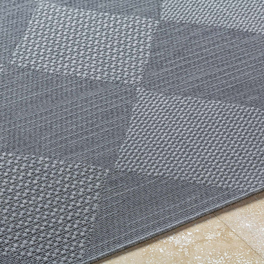 Close-up of the gray Aulani Area Rug showing its woven texture and geometric square pattern. Texture