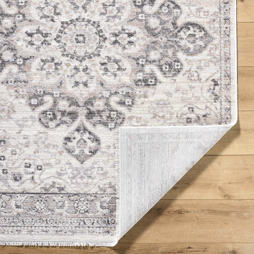 Close-up of the Alvaro Area Rug showing its beige, charcoal, and ivory traditional pattern and machine-woven texture. Fold