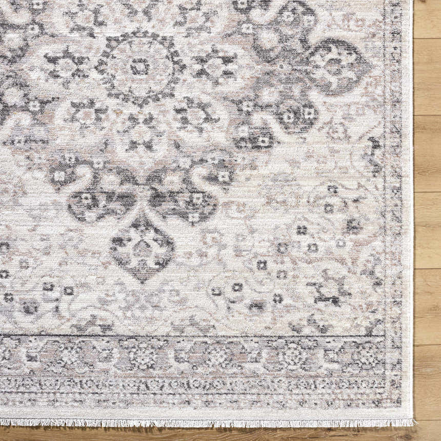 Close-up of the Alvaro Area Rug, showing a traditional beige, charcoal, and ivory pattern with fringe detail. Swatch