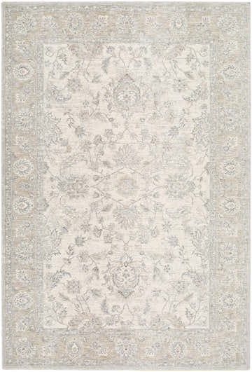 Close-up of the Adriel Cream Area Rug. Features a traditional floral pattern in cream, beige, and gray tones. Design-Rectangle-6796