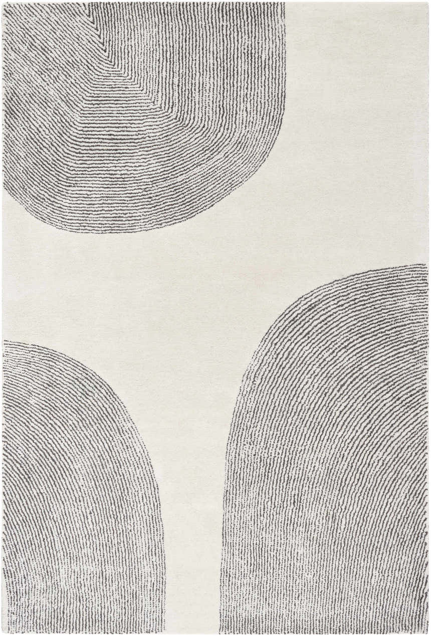 Close-up of the Zytka Area Rug. Desert Sand wool rug with light silver and silver gray curved line pattern. Design-Rectangle-576
