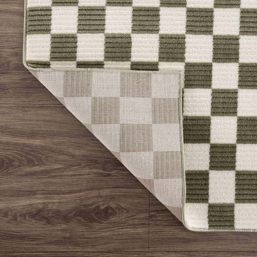 Close-up of the Kaysar Olive Green Checkered Washable Area Rug showing the checkered pattern and rug backing. Fold