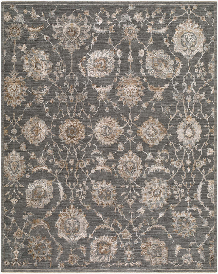 Close-up of the Jonia Teal Floralnature Rug, showcasing its charcoal base and floral pattern in taupe, brown, and gray. Design-Rectangle-710102