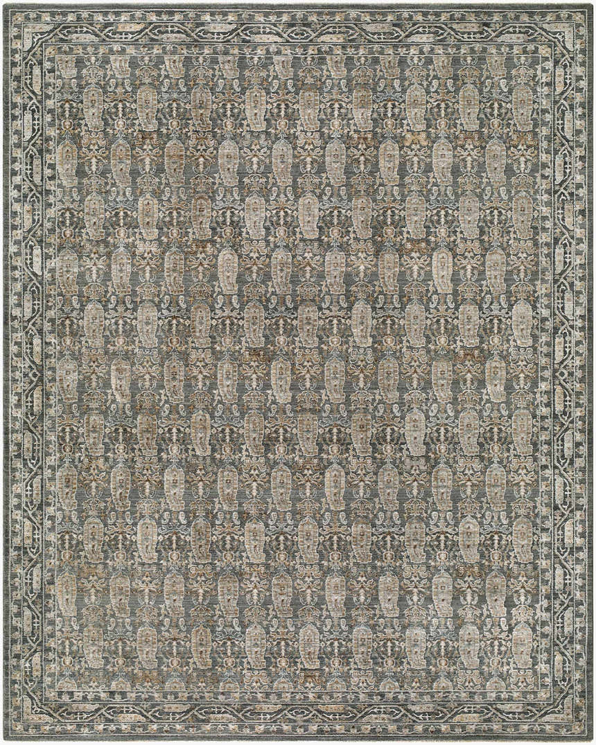 Detailed pattern of the Jizu Green Persian Area Rug, machine woven polyester with traditional design. Design-Rectangle-710102