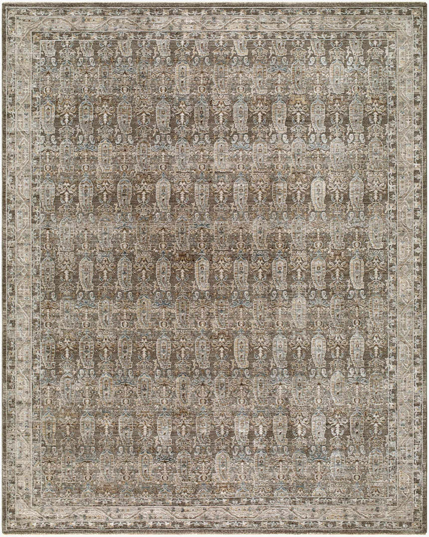 Close-up of the Wutii Charcoal Persian rug. Features a traditional pattern in charcoal, light brown, gray, olive, and taupe. Design-Rectangle-710102