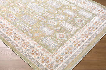Close-up of the Neku Sage Persian rug. Machine woven polypropylene with beige, cream, and sage colors. Corner