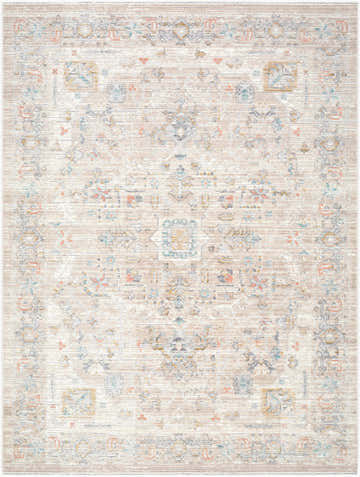 Detailed pattern of the Kehea Beige Medallion washable area rug. Farmhouse style with beige, cream, blue, and gray colors. Design-Rectangle-537