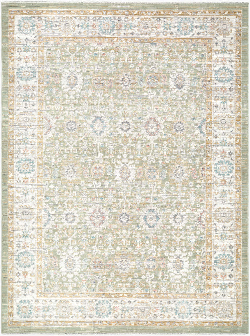 Close-up of Royoi Sage Persian rug. Machine woven polypropylene rug with beige, cream, and sage traditional design. Design-Rectangle-537