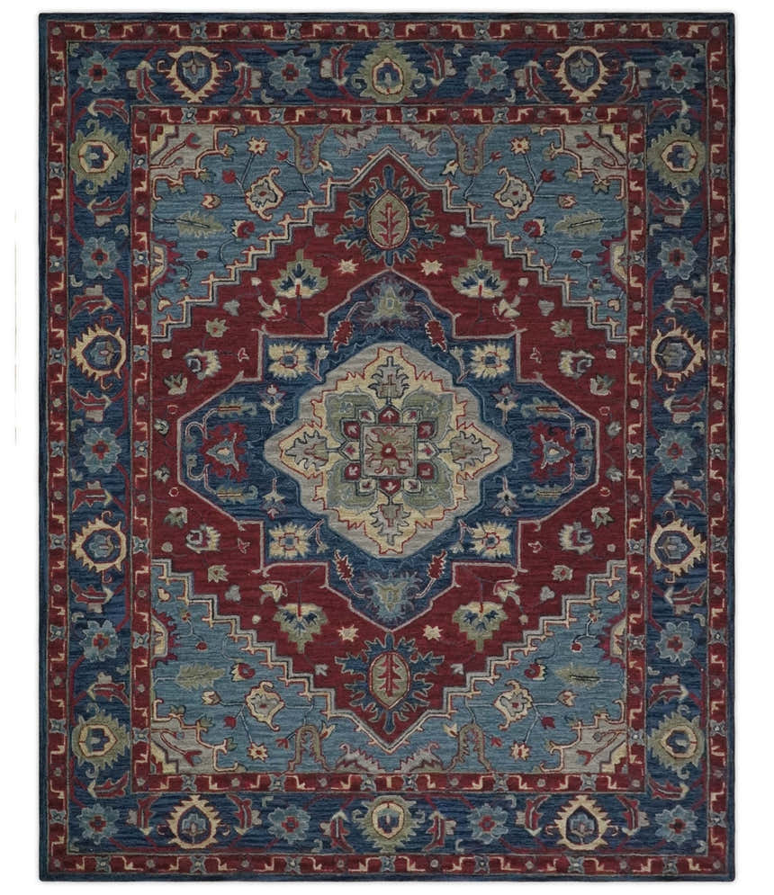Antique look Maroon and Blue Hand Tufted Traditional Heriz Medallion Multi Size wool Area Rug