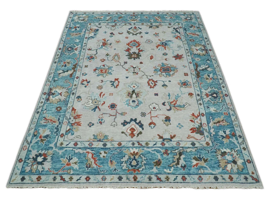 Ivory and Blue Vibrant Colorful Hand knotted Traditional Oushak Multi Size wool Area Rug