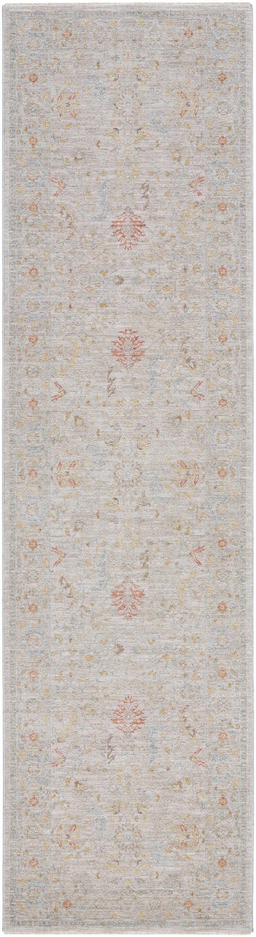 Close-up of the Awena Thick Luxe Area Rug. Traditional floral pattern in amber, dusty pink, and gray on a taupe background. Design-Runner-2710