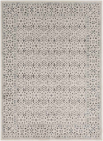Close-up of Sattley Area Rug. Beige rug with charcoal, floral-inspired, geometric pattern and traditional border. Design-Rectangle-5373