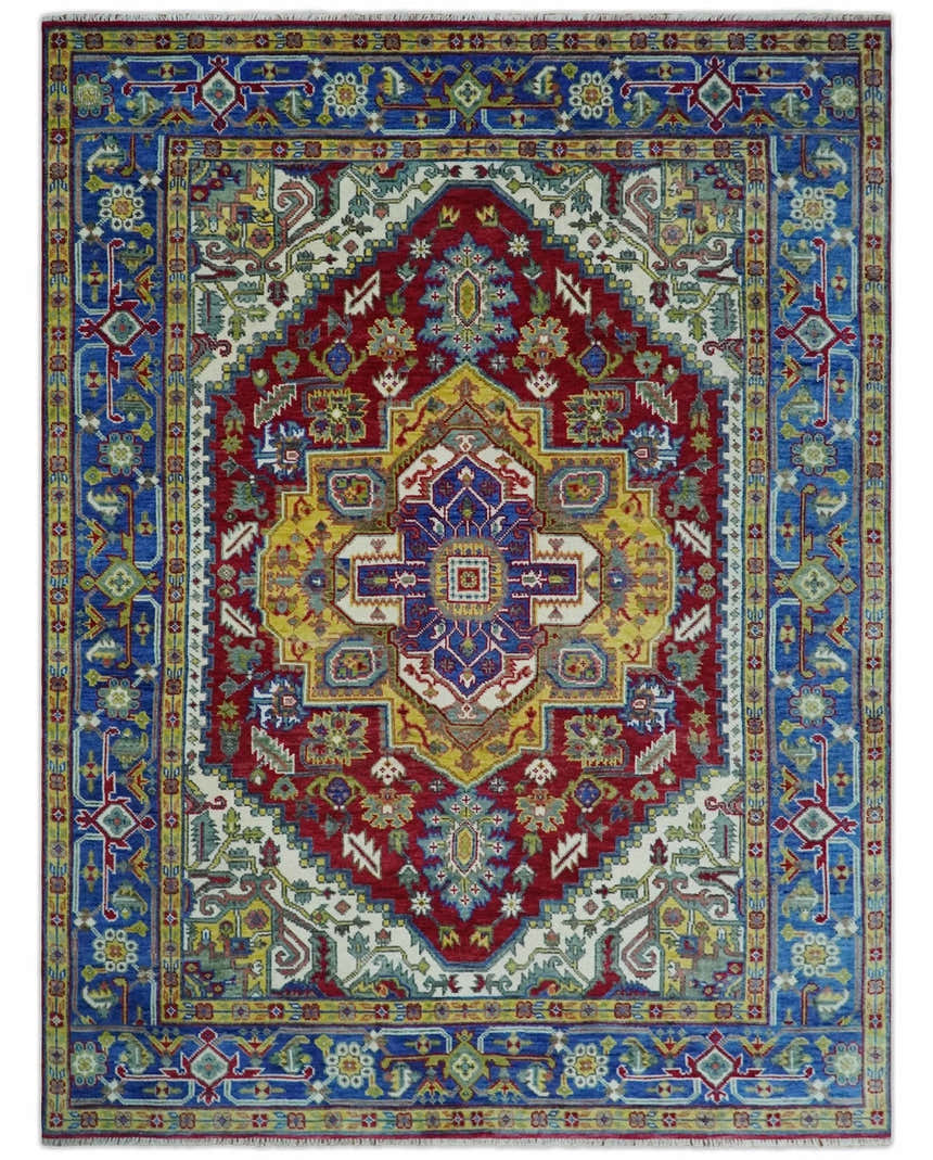 Blue, Maroon and Gold Hand Knotted Traditional Heriz Serapi Multi size Wool Area Rug