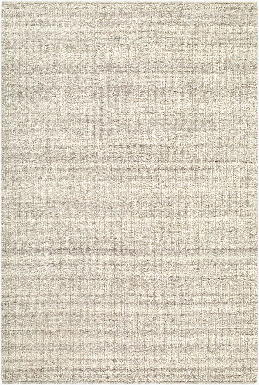 Close-up of the Fazou Light Gray rug. Hand woven wool rug in ash, light gray, and stone. Farmhouse style. Design-Rectangle-576