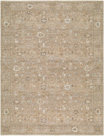 Close-up of the Penny Machine Woven Becki Owens x LIVABLISS area rug. Features traditional floral patterns in ivory, tan, and gray. Design-Rectangle-679