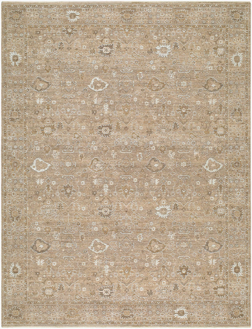 Close-up of the Penny Machine Woven Becki Owens x LIVABLISS area rug. Features traditional floral patterns in ivory, tan, and gray. Design-Rectangle-679