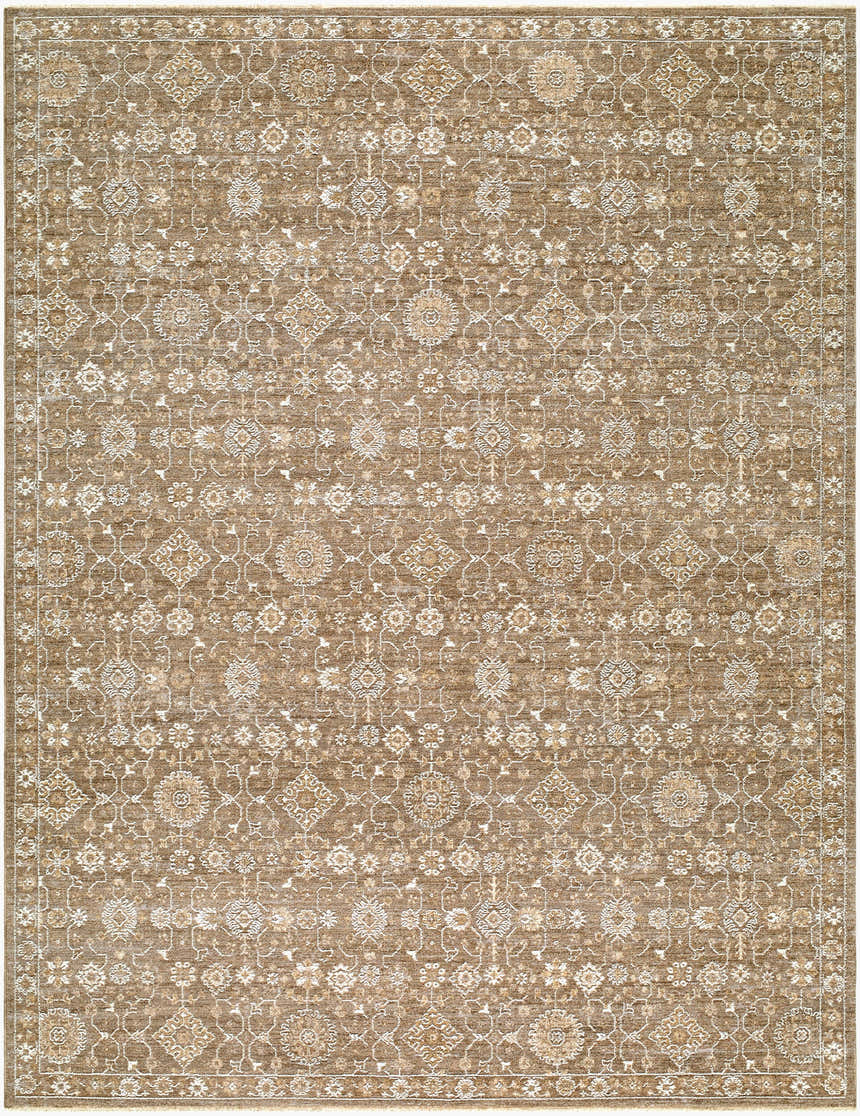 Close-up of the Penny Machine Woven Becki Owens x LIVABLISS rug. Features traditional floral and geometric patterns in ivory, tan, and gray. Design-Rectangle-679