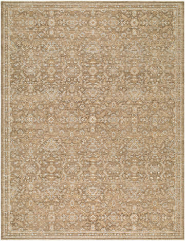 Close-up of Penny Machine Woven Becki Owens x LIVABLISS BOPE-2304 Area Rug. Tan rug with ivory traditional floral pattern. Design-Rectangle-679