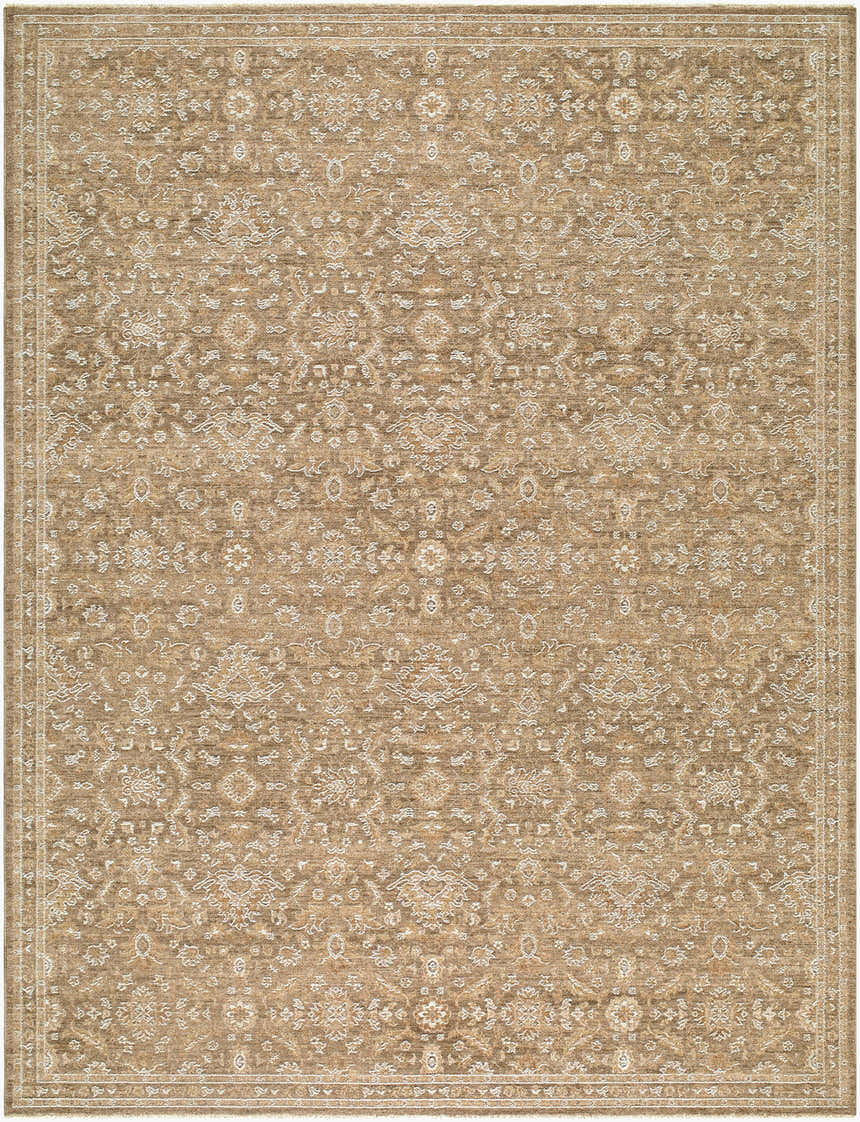 Close-up of Penny Machine Woven Becki Owens x LIVABLISS BOPE-2304 Area Rug. Tan rug with ivory traditional floral pattern. Design-Rectangle-679