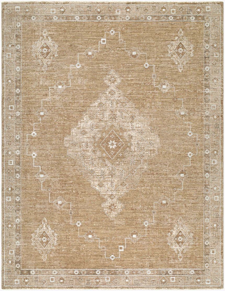Close-up of Penny Machine Woven Becki Owens x LIVABLISS rug. Tan rug with ivory geometric medallion and border design. Design-Rectangle-679