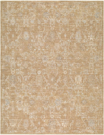 Close-up of Penny Machine Woven Becki Owens x LIVABLISS BOPE-2309 Area Rug. Tan rug with ivory traditional pattern. Design-Rectangle-679