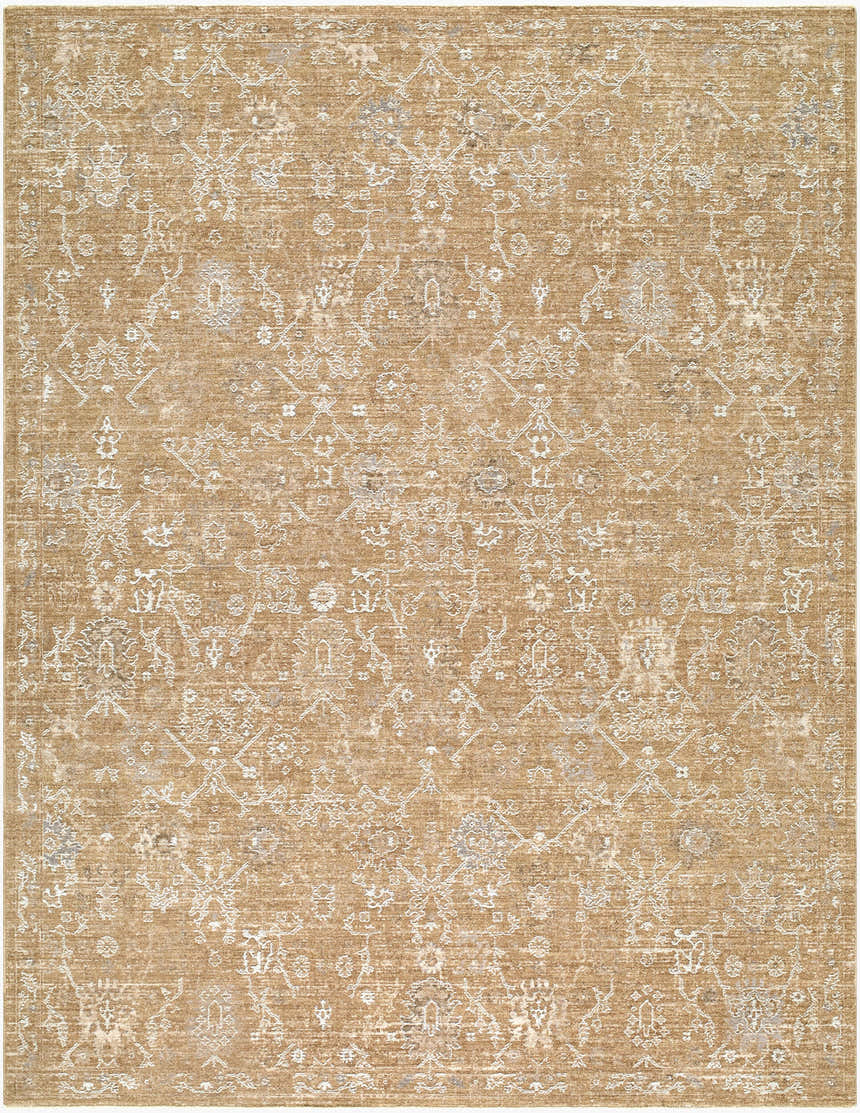 Close-up of Penny Machine Woven Becki Owens x LIVABLISS BOPE-2309 Area Rug. Tan rug with ivory traditional pattern. Design-Rectangle-679
