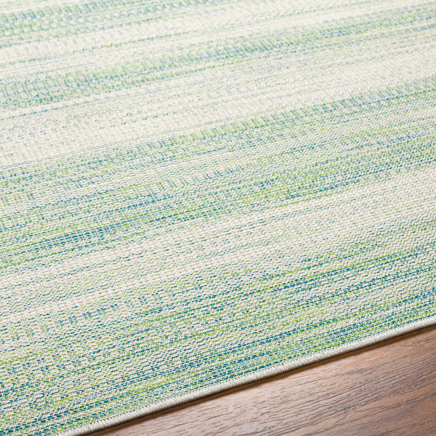 Close-up of Kris Green Area Rug showing texture and horizontal stripes in moss, natural gray, and dark beige. Texture