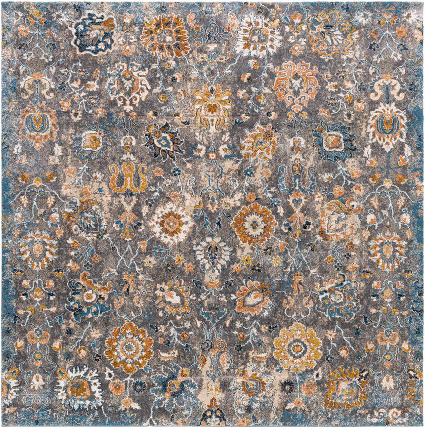 Close-up of the Cogan Gray Thick Rug. Features a traditional floral pattern in gray, blue, beige, and coral tones. Design-Square-710