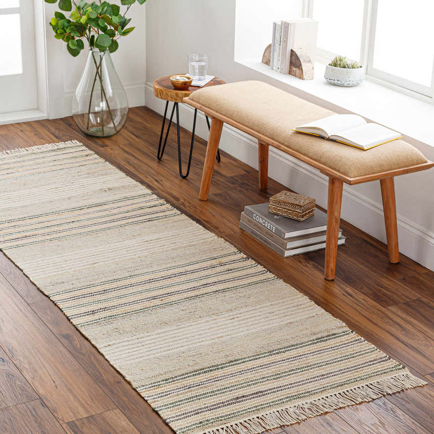 Entryway with a Calinog runner rug in beige, charcoal, and green. Bench and plants add to the Scandinavian farmhouse style. Roomscene-Runner