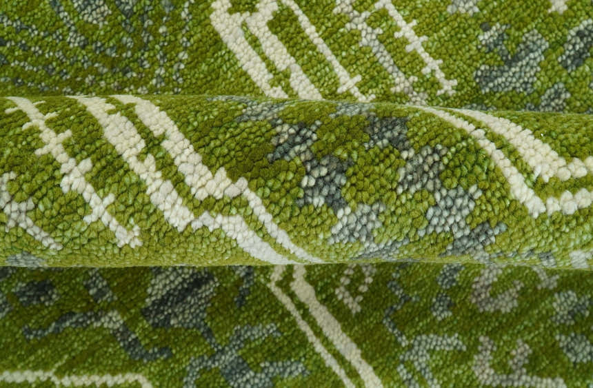 Contemporary Traditional Design Green And Beige Hand Knotted Custom Made Wool Rug
