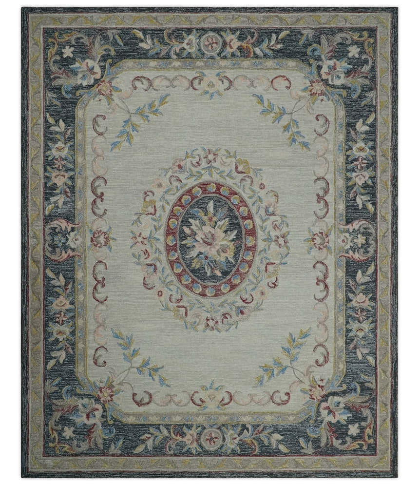 Custom Made Beige and Charcoal Aubusson French design Hand Tufted wool Area Rug