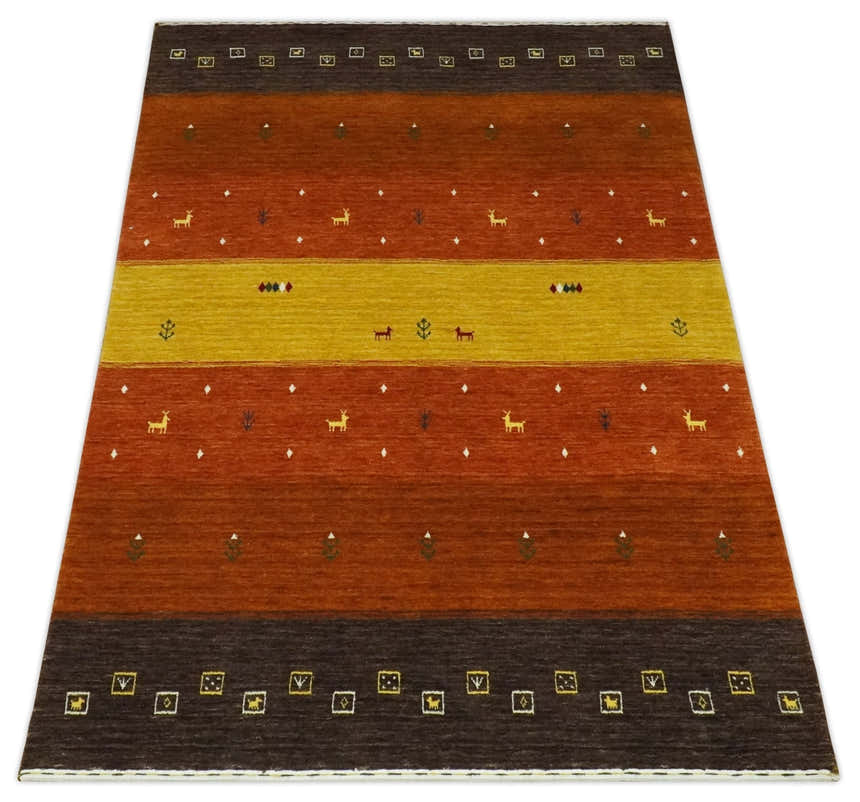 Custom Made Rust, Brown, Gold and Charcoal Geometrical Stripes Design wool area rug