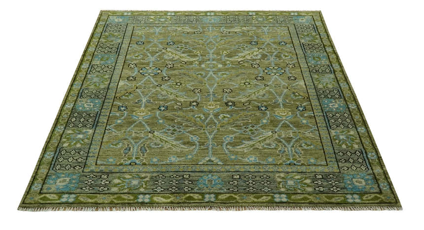 Custom Made Traditional Floral Green and Aqua Hand Knotted wool area rug