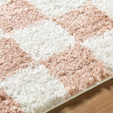 Close up of the Bilshivtsi Area Rug showing a plush, textured pile in a pink and white geometric pattern. Texture