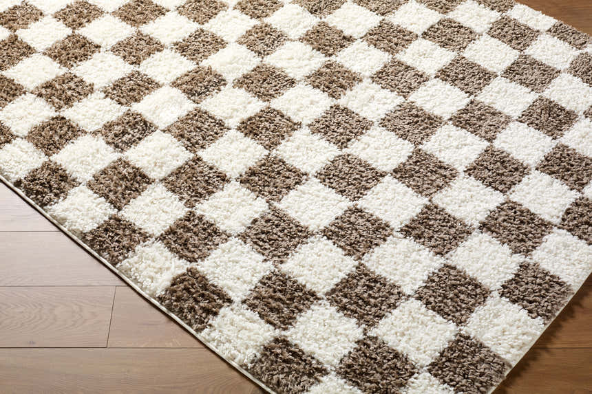Close-up of the Neftekamsk area rug, a contemporary design with a brown and white checkerboard pattern. Fluffy texture. Corner