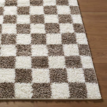 Close-up of the Neftekamsk Area Rug, showing a brown and white checkerboard pattern and soft, shaggy texture. Front